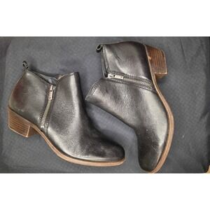 Lucky Brand‎ Black Leather Side Zip Ankle Booties Block Heel Women's Size 7.5